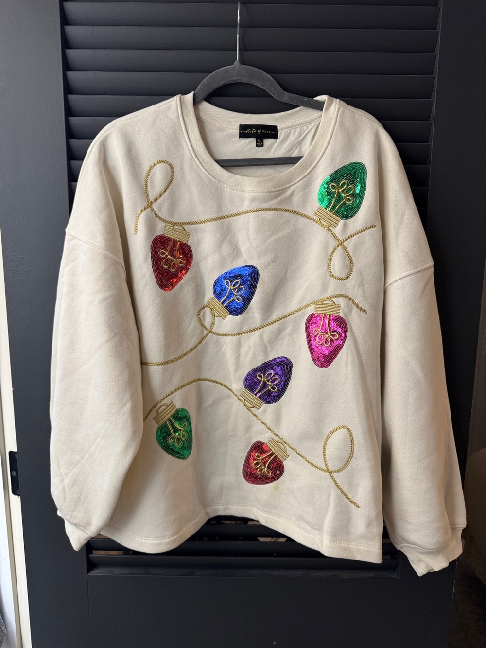 State of Mine Cream Crew neck sweatshirt with sequins Christmas Light design